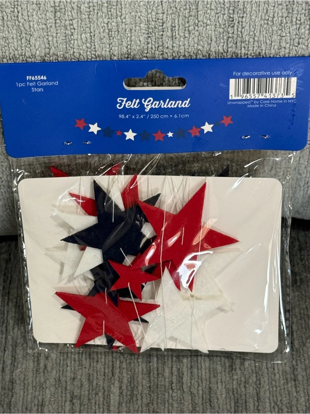 Unwrapped Felt Star Garland & Core Flag Toothpicks - Red, White & Blue Party Set